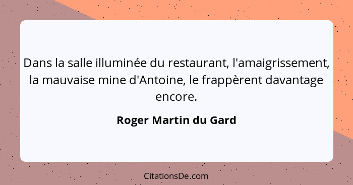 Dans la salle illuminée du restaurant, l'amaigrissement, la mauvaise mine d'Antoine, le frappèrent davantage encore.... - Roger Martin du Gard