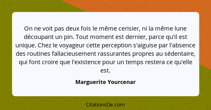 On ne voit pas deux fois le même cerisier, ni la même lune découpant un pin. Tout moment est dernier, parce qu'il est unique. C... - Marguerite Yourcenar