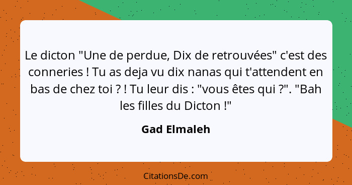 Le dicton "Une de perdue, Dix de retrouvées" c'est des conneries ! Tu as deja vu dix nanas qui t'attendent en bas de chez toi ... - Gad Elmaleh