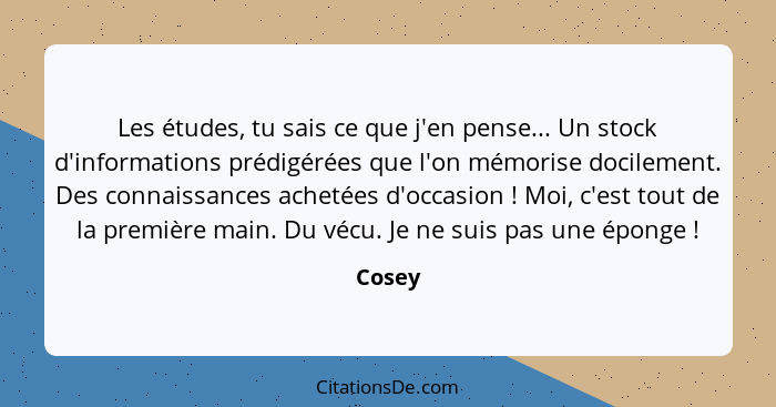 Les études, tu sais ce que j'en pense... Un stock d'informations prédigérées que l'on mémorise docilement. Des connaissances achetées d'occasi... - Cosey