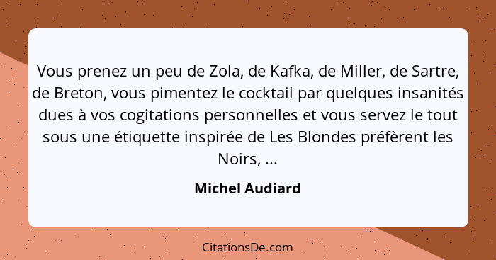 Vous prenez un peu de Zola, de Kafka, de Miller, de Sartre, de Breton, vous pimentez le cocktail par quelques insanités dues à vos co... - Michel Audiard