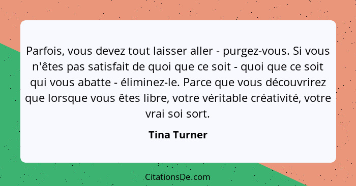 Parfois, vous devez tout laisser aller - purgez-vous. Si vous n'êtes pas satisfait de quoi que ce soit - quoi que ce soit qui vous abatt... - Tina Turner