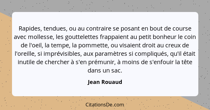 Rapides, tendues, ou au contraire se posant en bout de course avec mollesse, les gouttelettes frappaient au petit bonheur le coin de l'o... - Jean Rouaud