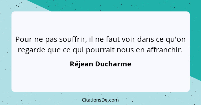 Pour ne pas souffrir, il ne faut voir dans ce qu'on regarde que ce qui pourrait nous en affranchir.... - Réjean Ducharme