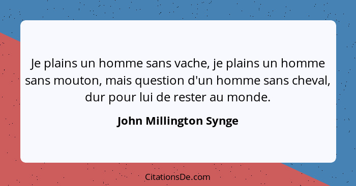 Je plains un homme sans vache, je plains un homme sans mouton, mais question d'un homme sans cheval, dur pour lui de rester au... - John Millington Synge