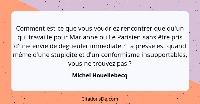 Comment est-ce que vous voudriez rencontrer quelqu'un qui travaille pour Marianne ou Le Parisien sans être pris d'une envie de dé... - Michel Houellebecq
