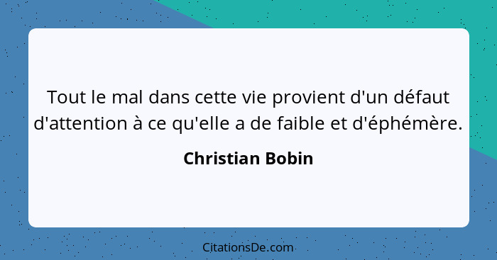 Tout le mal dans cette vie provient d'un défaut d'attention à ce qu'elle a de faible et d'éphémère.... - Christian Bobin