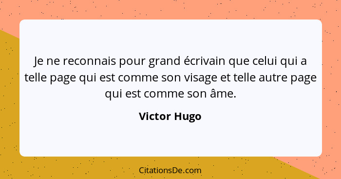 Je ne reconnais pour grand écrivain que celui qui a telle page qui est comme son visage et telle autre page qui est comme son âme.... - Victor Hugo