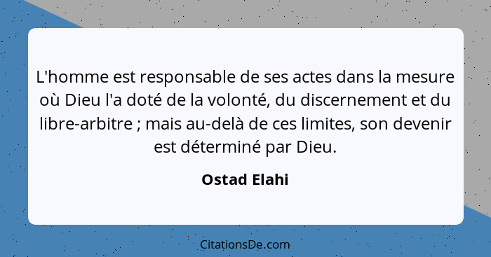 L'homme est responsable de ses actes dans la mesure où Dieu l'a doté de la volonté, du discernement et du libre-arbitre ; mais au-d... - Ostad Elahi