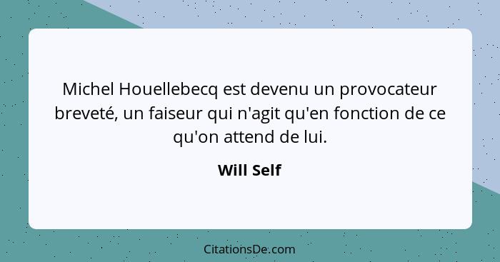 Michel Houellebecq est devenu un provocateur breveté, un faiseur qui n'agit qu'en fonction de ce qu'on attend de lui.... - Will Self