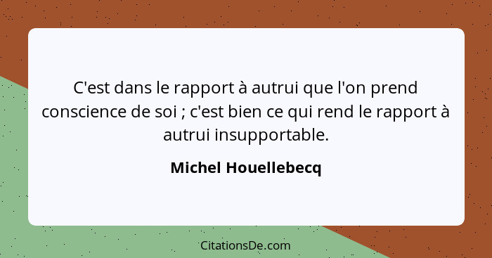 C'est dans le rapport à autrui que l'on prend conscience de soi ; c'est bien ce qui rend le rapport à autrui insupportable.... - Michel Houellebecq