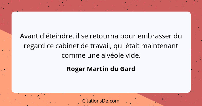 Avant d'éteindre, il se retourna pour embrasser du regard ce cabinet de travail, qui était maintenant comme une alvéole vide.... - Roger Martin du Gard