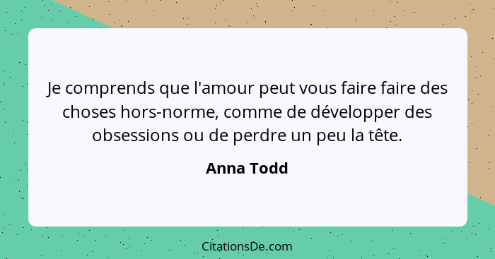 Je comprends que l'amour peut vous faire faire des choses hors-norme, comme de développer des obsessions ou de perdre un peu la tête.... - Anna Todd