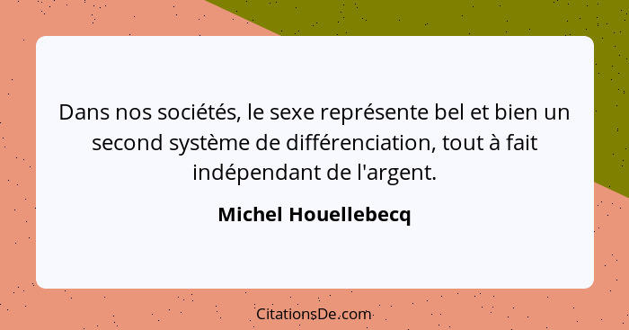 Dans nos sociétés, le sexe représente bel et bien un second système de différenciation, tout à fait indépendant de l'argent.... - Michel Houellebecq