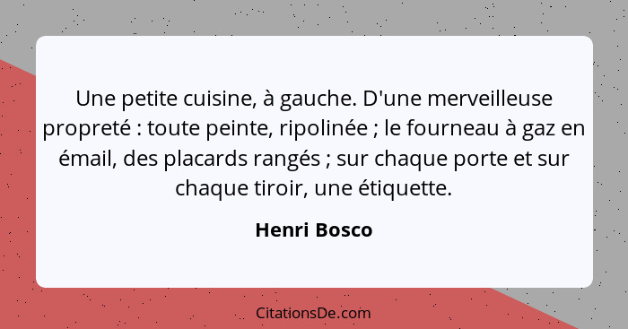 Une petite cuisine, à gauche. D'une merveilleuse propreté : toute peinte, ripolinée ; le fourneau à gaz en émail, des placards... - Henri Bosco