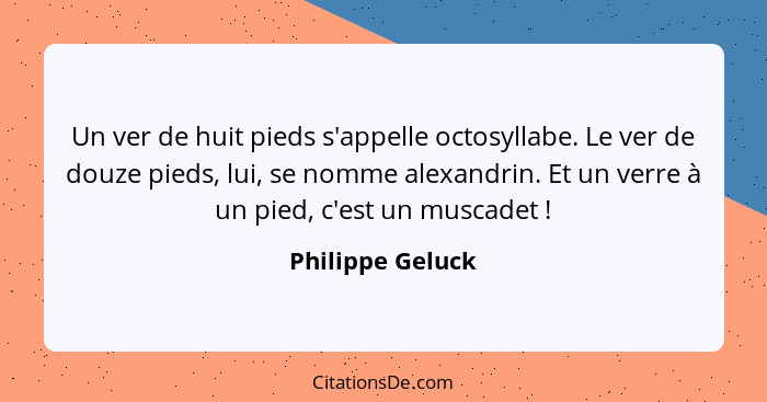 Un ver de huit pieds s'appelle octosyllabe. Le ver de douze pieds, lui, se nomme alexandrin. Et un verre à un pied, c'est un muscade... - Philippe Geluck