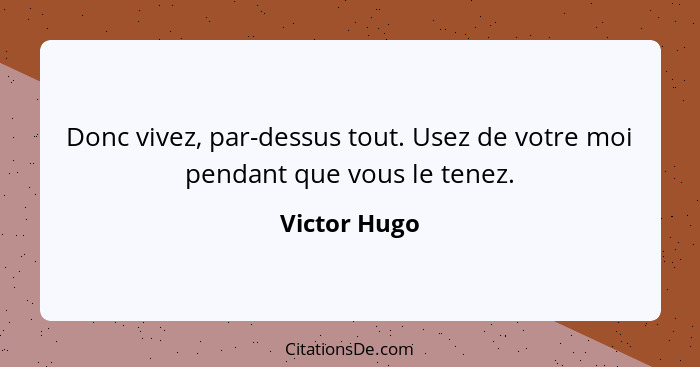 Donc vivez, par-dessus tout. Usez de votre moi pendant que vous le tenez.... - Victor Hugo