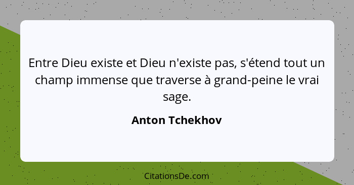 Entre Dieu existe et Dieu n'existe pas, s'étend tout un champ immense que traverse à grand-peine le vrai sage.... - Anton Tchekhov