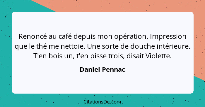 Renoncé au café depuis mon opération. Impression que le thé me nettoie. Une sorte de douche intérieure. T'en bois un, t'en pisse trois... - Daniel Pennac