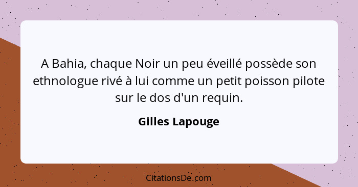 A Bahia, chaque Noir un peu éveillé possède son ethnologue rivé à lui comme un petit poisson pilote sur le dos d'un requin.... - Gilles Lapouge