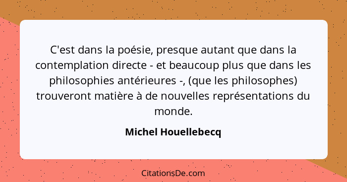 C'est dans la poésie, presque autant que dans la contemplation directe - et beaucoup plus que dans les philosophies antérieures -... - Michel Houellebecq
