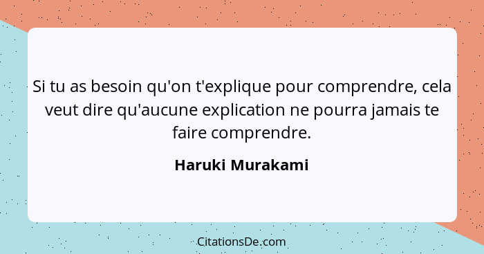 Si tu as besoin qu'on t'explique pour comprendre, cela veut dire qu'aucune explication ne pourra jamais te faire comprendre.... - Haruki Murakami