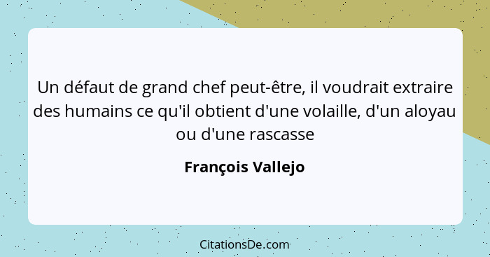 Un défaut de grand chef peut-être, il voudrait extraire des humains ce qu'il obtient d'une volaille, d'un aloyau ou d'une rascasse... - François Vallejo