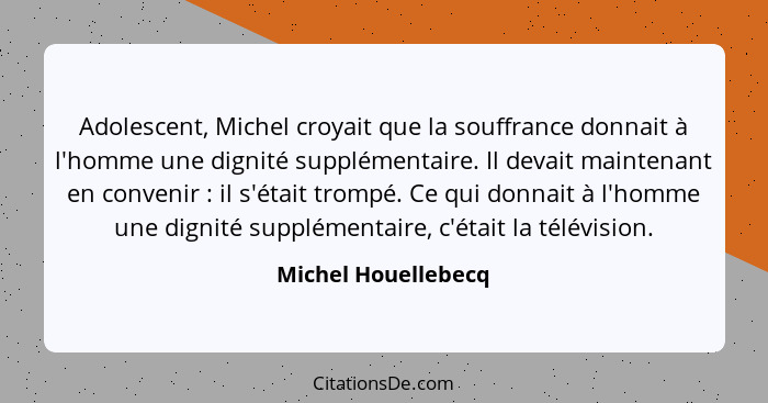 Adolescent, Michel croyait que la souffrance donnait à l'homme une dignité supplémentaire. Il devait maintenant en convenir ... - Michel Houellebecq
