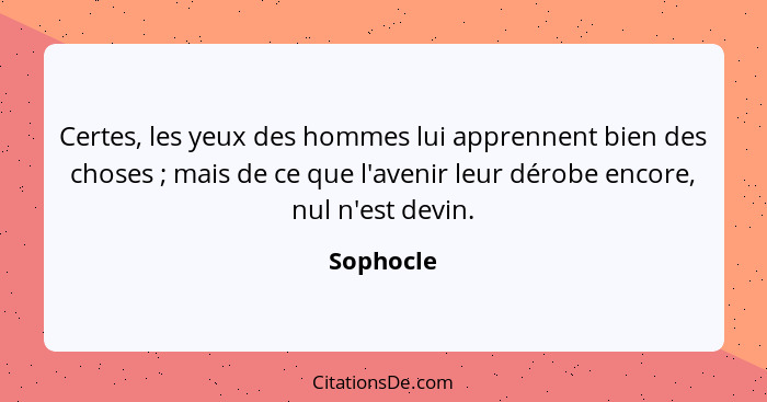 Certes, les yeux des hommes lui apprennent bien des choses ; mais de ce que l'avenir leur dérobe encore, nul n'est devin.... - Sophocle