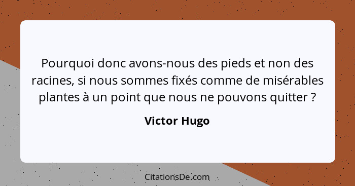 Pourquoi donc avons-nous des pieds et non des racines, si nous sommes fixés comme de misérables plantes à un point que nous ne pouvons q... - Victor Hugo
