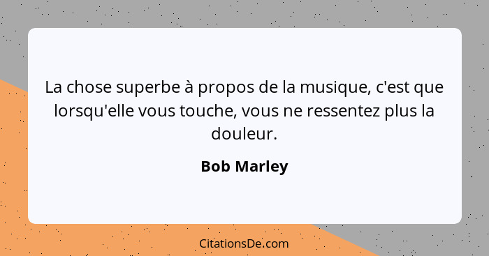 La chose superbe à propos de la musique, c'est que lorsqu'elle vous touche, vous ne ressentez plus la douleur.... - Bob Marley