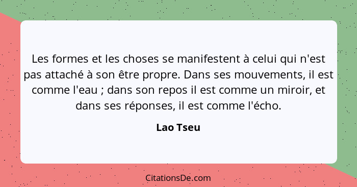 Les formes et les choses se manifestent à celui qui n'est pas attaché à son être propre. Dans ses mouvements, il est comme l'eau ; dan... - Lao Tseu