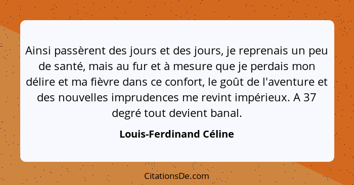 Ainsi passèrent des jours et des jours, je reprenais un peu de santé, mais au fur et à mesure que je perdais mon délire et ma... - Louis-Ferdinand Céline