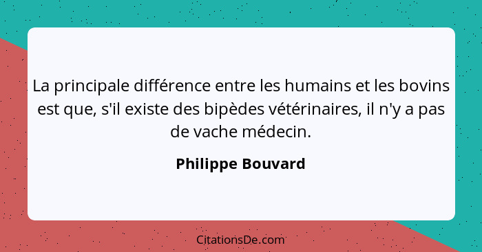 La principale différence entre les humains et les bovins est que, s'il existe des bipèdes vétérinaires, il n'y a pas de vache médec... - Philippe Bouvard
