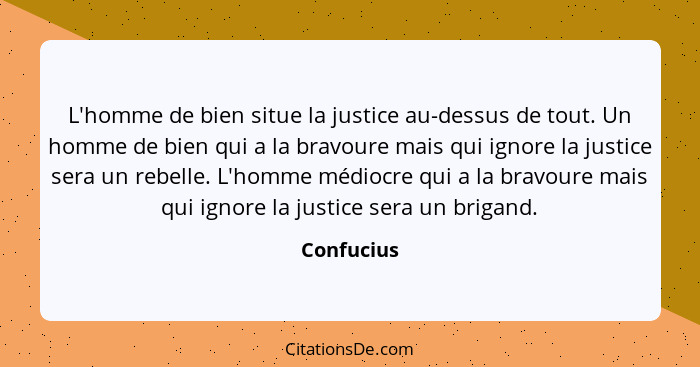 L'homme de bien situe la justice au-dessus de tout. Un homme de bien qui a la bravoure mais qui ignore la justice sera un rebelle. L'homme... - Confucius