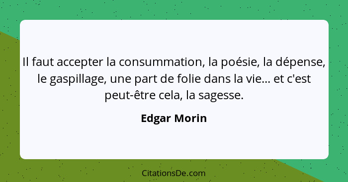 Il faut accepter la consummation, la poésie, la dépense, le gaspillage, une part de folie dans la vie... et c'est peut-être cela, la sag... - Edgar Morin