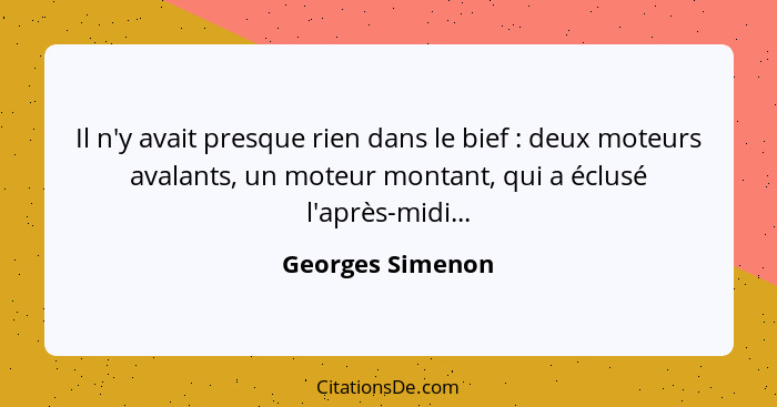 Il n'y avait presque rien dans le bief : deux moteurs avalants, un moteur montant, qui a éclusé l'après-midi...... - Georges Simenon