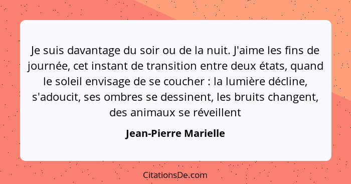 Je suis davantage du soir ou de la nuit. J'aime les fins de journée, cet instant de transition entre deux états, quand le solei... - Jean-Pierre Marielle