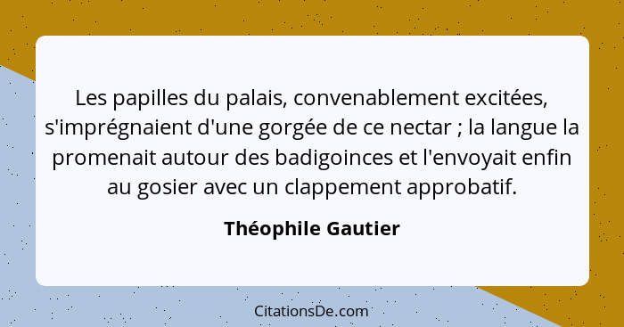 Les papilles du palais, convenablement excitées, s'imprégnaient d'une gorgée de ce nectar ; la langue la promenait autour des... - Théophile Gautier
