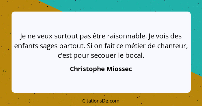 Je ne veux surtout pas être raisonnable. Je vois des enfants sages partout. Si on fait ce métier de chanteur, c'est pour secouer... - Christophe Miossec