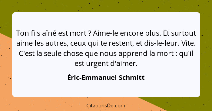 Ton fils aîné est mort ? Aime-le encore plus. Et surtout aime les autres, ceux qui te restent, et dis-le-leur. Vite. C'es... - Éric-Emmanuel Schmitt