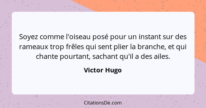 Soyez comme l'oiseau posé pour un instant sur des rameaux trop frêles qui sent plier la branche, et qui chante pourtant, sachant qu'il a... - Victor Hugo