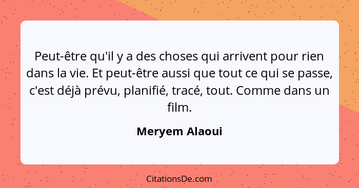 Peut-être qu'il y a des choses qui arrivent pour rien dans la vie. Et peut-être aussi que tout ce qui se passe, c'est déjà prévu, plan... - Meryem Alaoui