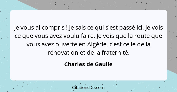 Je vous ai compris ! Je sais ce qui s'est passé ici. Je vois ce que vous avez voulu faire. Je vois que la route que vous avez... - Charles de Gaulle