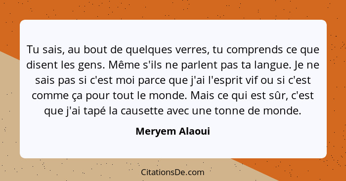 Tu sais, au bout de quelques verres, tu comprends ce que disent les gens. Même s'ils ne parlent pas ta langue. Je ne sais pas si c'est... - Meryem Alaoui