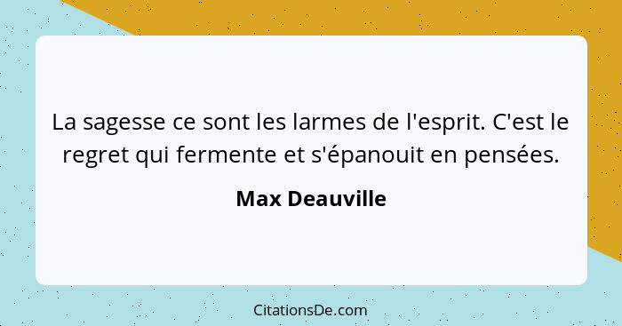 La sagesse ce sont les larmes de l'esprit. C'est le regret qui fermente et s'épanouit en pensées.... - Max Deauville