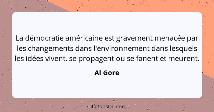 La démocratie américaine est gravement menacée par les changements dans l'environnement dans lesquels les idées vivent, se propagent ou se f... - Al Gore