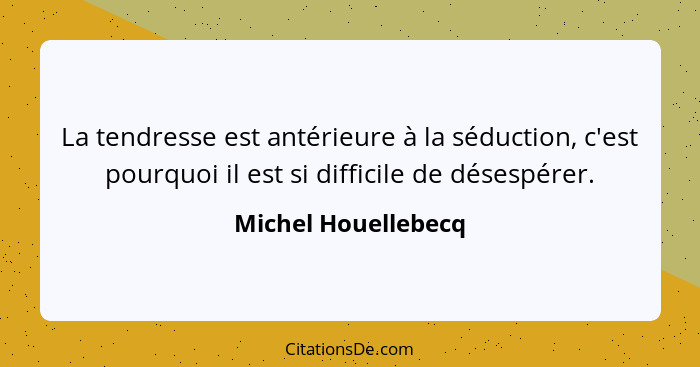 La tendresse est antérieure à la séduction, c'est pourquoi il est si difficile de désespérer.... - Michel Houellebecq