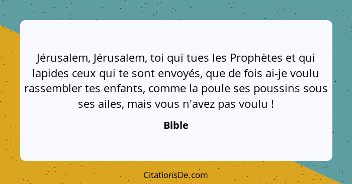 Jérusalem, Jérusalem, toi qui tues les Prophètes et qui lapides ceux qui te sont envoyés, que de fois ai-je voulu rassembler tes enfants, comm... - Bible