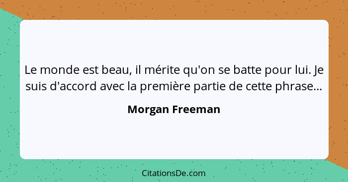 Le monde est beau, il mérite qu'on se batte pour lui. Je suis d'accord avec la première partie de cette phrase...... - Morgan Freeman